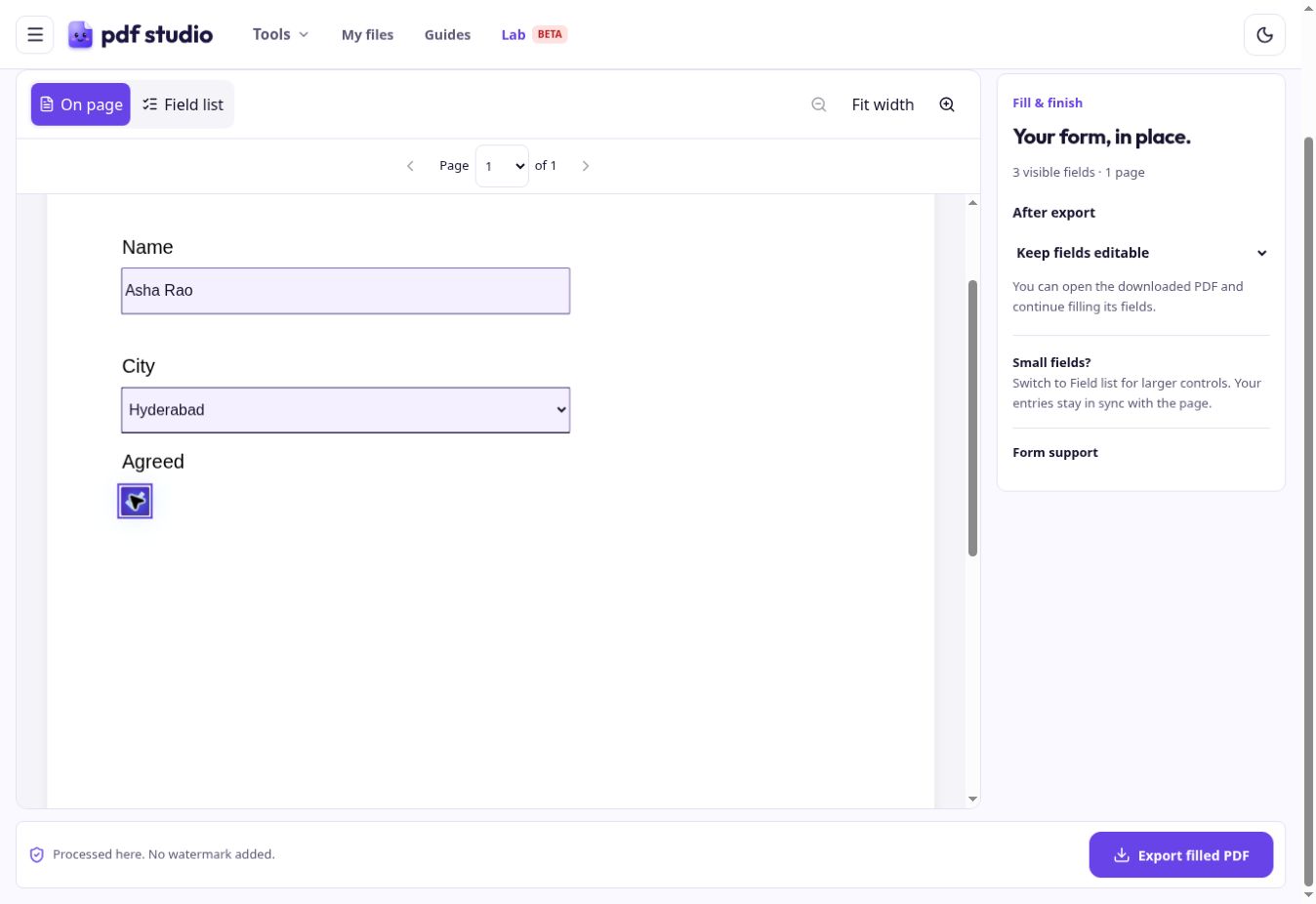 Actual PDF Studio form workspace with a filled name, city dropdown and agreement checkbox
