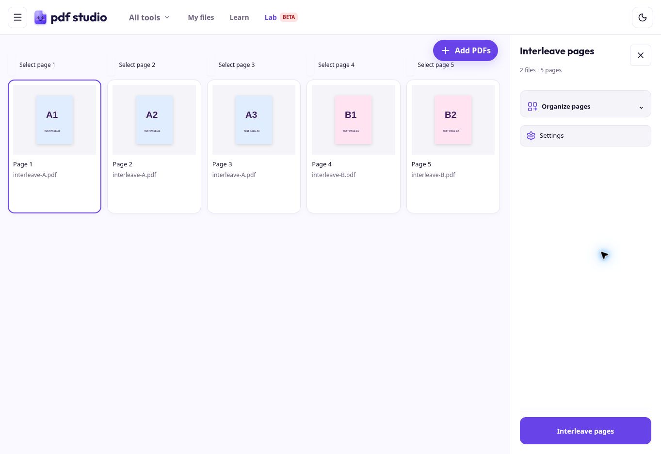 Live workspace showing the three A pages followed by the two B pages