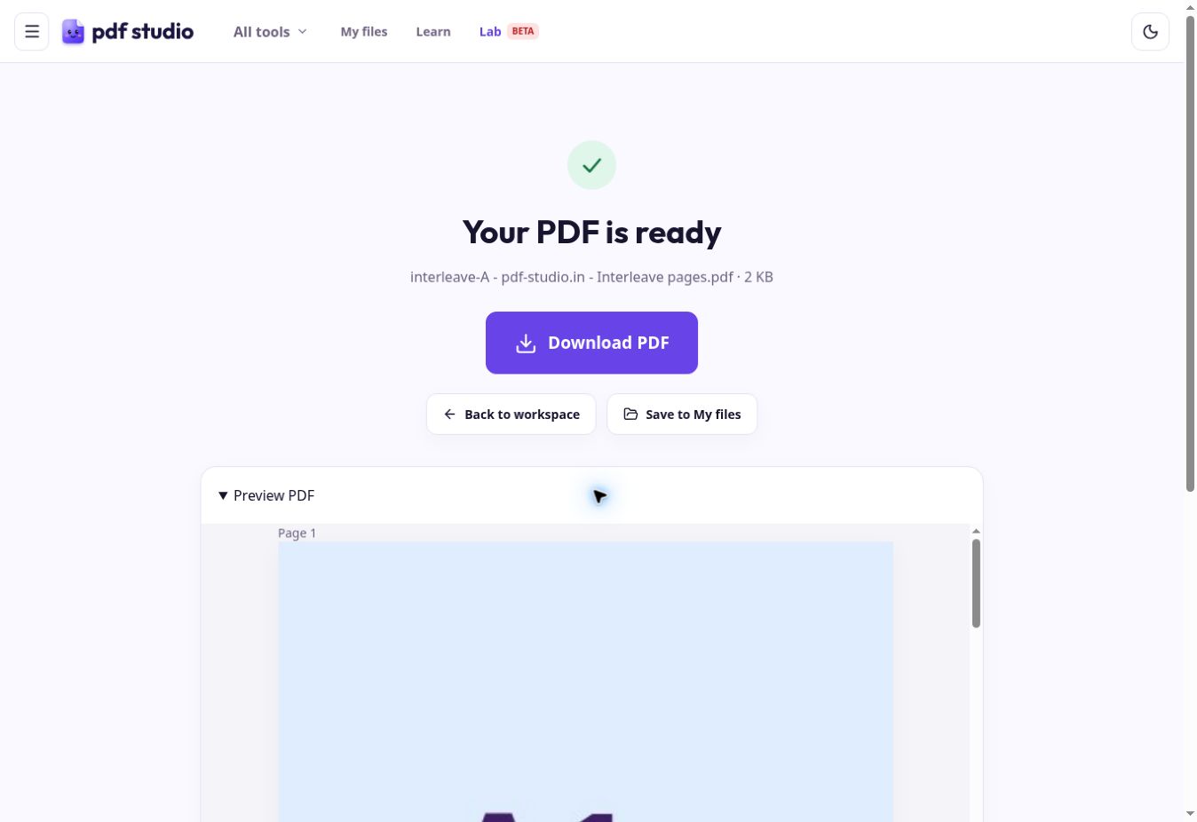 Live PDF result with Download PDF and an expanded Preview PDF